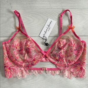 NWT For Love & Lemons Hibiscus Embroidery Pink Floral Lace‎ Underwire Bra Sz 38C